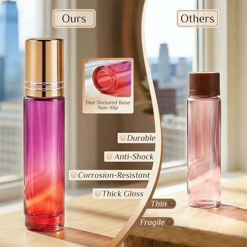 PrettyCare 12 Pack, 10 ml Essential Oil Roller Bottles with Stainless Steel Roller Ball - Refillable Leak-proof Empty Thick Red & Purple Glass Roll on Bottles with Golden Caps for Travel, Perfume - Image 5