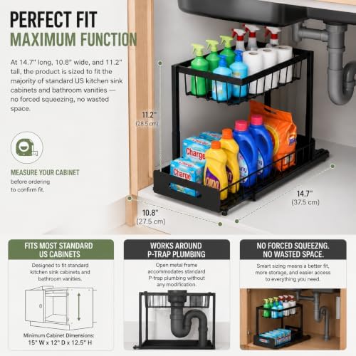 Under Sink Organizer, 2-Tier Pull-Out Kitchen Bathroom Storage Rack, Black
