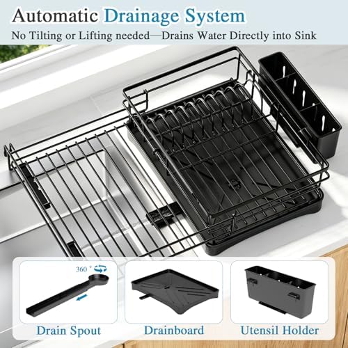 Expandable Dish Drying Rack for Kitchen Counter, Large Capacity Dish Rack with 360° Rotatable Drain Spout & Utensil Holder, Stainless Steel Dish Drainer for Kitchen Sink, Black Trombone