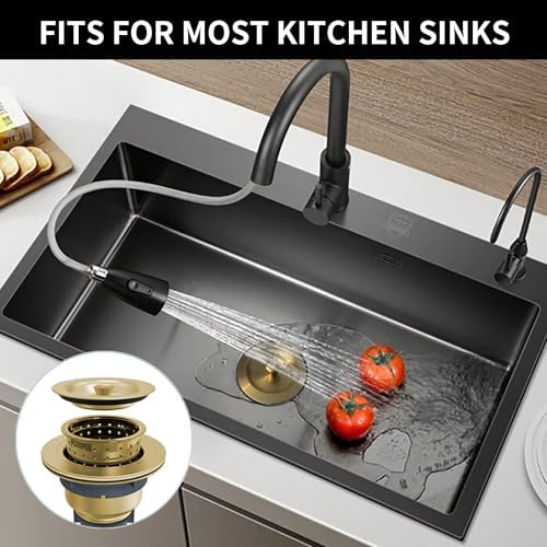 Sink Strainer Kitchen Sink Drain Assembly Kit 3-1/2 Inch with Kitchen Sink Drain Basket,304 Stainless Steel Sink Stopper & Cover Lid，Stainless Steel Gold Color