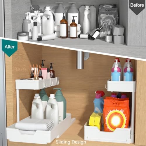 2-Tier Under Sink Organizers and Storage 2 Pack Sliding L-shape Under Cabinet Organizers For Narrow Space Multi-purpose Sink Organizer for Bathroom Kitchen Drawer(White 2 Pack)