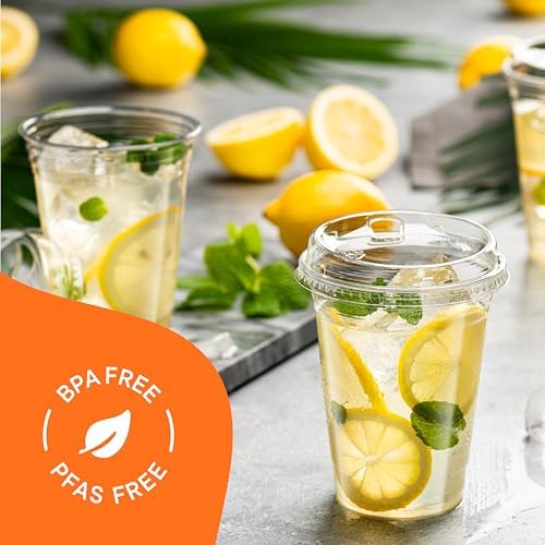 16 oz Clear Plastic Cups with Strawless Sip-Lids [50 Sets] PET Crystal Clear Disposable 16oz Plastic Cups with Lids - Crystal Clear, Durable Cup - BPA Free + Crack Resistant, for Coffee, Juice, Shakes