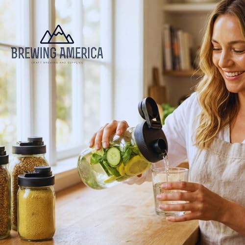 Glass Mason Jar Pitcher with Lid - Azure Standard Jars, 1 Quart (32 oz) with Black Wide Mouth Pour Lid, for Smoothie, Boba Cup, Sun Tea, Cold Coffee Glass Tumbler, 2-Pack