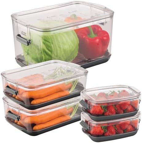 International Prepworks ProKeeper Food Fresh Produce Storage Container Set, 5- Piece, Clear Containers with Gray Sealed Tight Lids