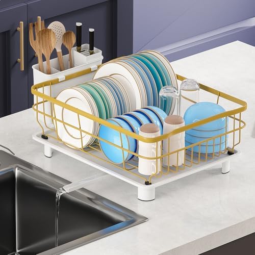 Metal Dish Drying Rack Automatic Drainage, Gold, Large