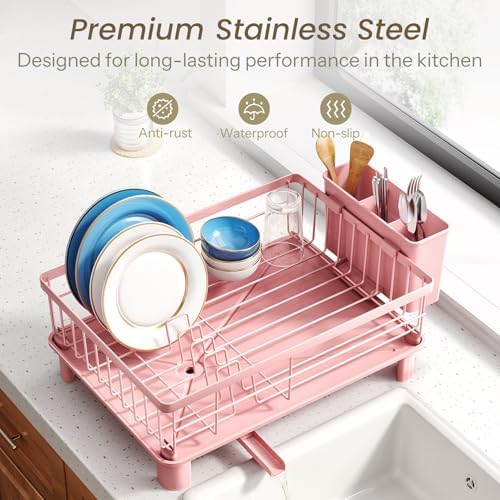 Dish Drying Rack for Small Kitchen Counter, 11" W x 15" L, Pink