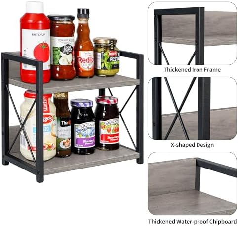 Countertop Shelf Organizer, 2 Tier Kitchen Spice Rack for Countertop, Wood Kitchen Counter Shelf for Home, Coffee Station Organizer (Grey,S)