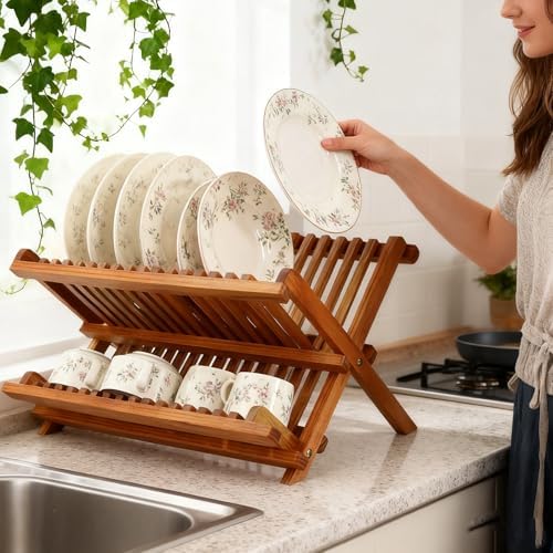 Teak Wood Dish Drying Rack, Foldable Plate Organizer Countertop