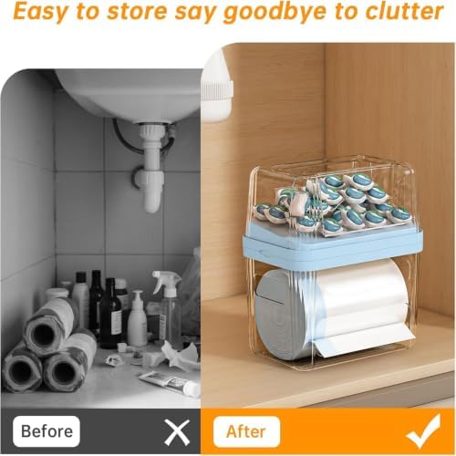 2-in-1 Trash Bag Holder Laundry & Dishwasher Pods Container,Garbage Bag Dispenser with Removable Lids,Kitchen Organizer and Under Sink Storage Box (Blue)