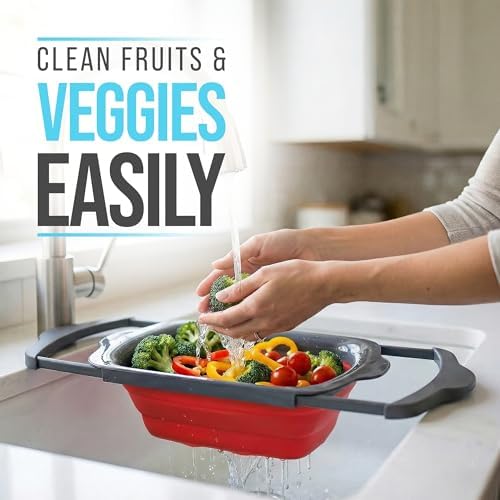 Red Collapsible Silicone Over-Sink Colander – 6 Qt – Extendable