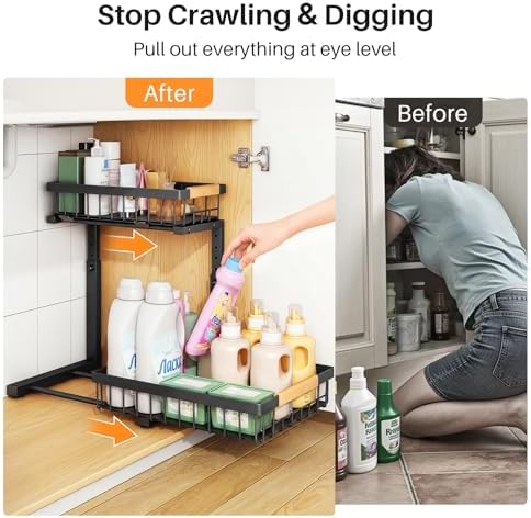 Under Sink Organizer, Adjustable Height, 2 Tier Pull Out Under Cabinet Organizer, Slide Out Thickened Metal Under Sink Storage for Kitchen Bathroom Laundry Pantry Cabinet, Black, Large-2-Pack