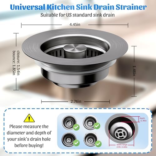 Kitchen Sink Drain Strainer - 2-Pack 3-in-1 Stainless Steel Kitchen Sink Stopper Pop-Up Sink Drain Strainer Basket Kitchen Sink Stopper for US Standard 3-1/2'' Drain | Gunmetal Gray
