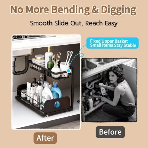 Under Sink Organizer, 2 Pack Under Kitchen Cabinet Organizer, Height Adjustable Pull Out Mute Slide-Out 2 Tier Metal Under Sink Storage for Bathroom, Pantry, Kitchen & Bedroom (Black, 2 Pack)