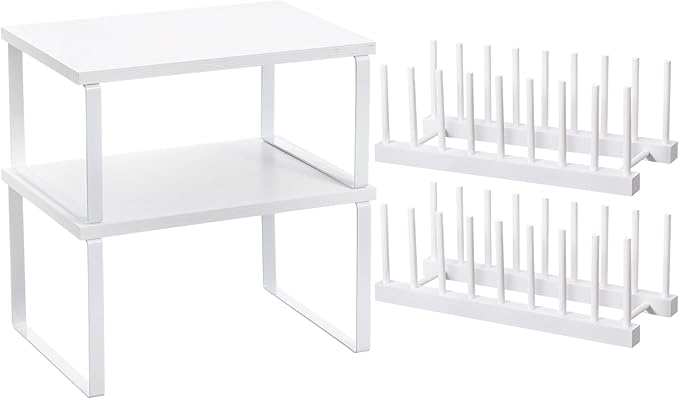 Marsui 4 Pcs Kitchen Organizer Accessories Set Cabinet Organizer Shelf and Bamboo Dish Drying Plate Rack Counter Shelves Storage Holder for Spice Rack, Dish, Pot Lid, Bowl, Cup (White)