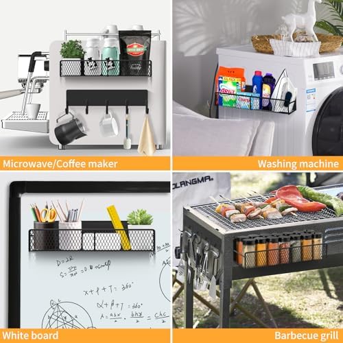 Magnetic Spice Rack for Refrigerator, 7 Pack Metal Shelf Black, Moveable Organizer with Hook Rack, Paper Towel Holder, Kitchenware Strong Storage Fridge