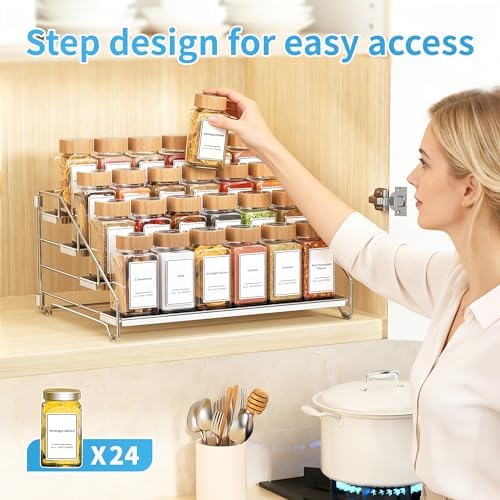 Spice Organizer for Cabinet, Adjustable Depth Spice Shelf - Chrome