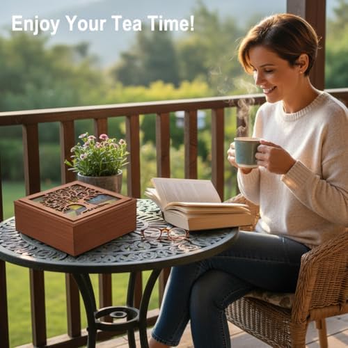Wood Tea Box Organizer,Tea Organizer and Storage with Tree Pattern