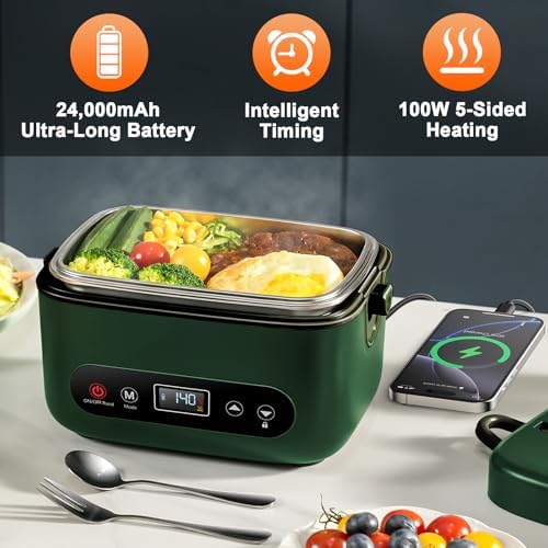 Heated Lunch Box for Adults, 1.2L Self-Heating Food Warmer, Green
