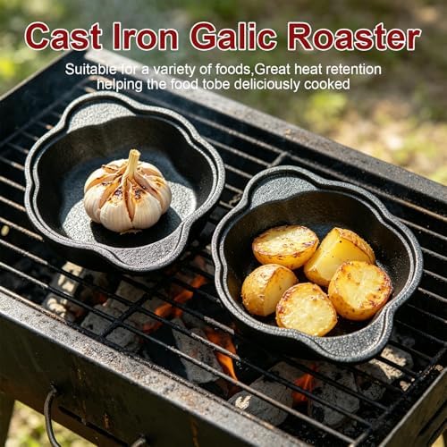 Cast Iron Garlic Roaster with Ring Handle and Cleaning Brush, Food Grade Garlic Baker for Oven and Outdoor Grill, Heavy Duty Roasting Pot for Gourmet Cooking and BBQ Enthusiasts