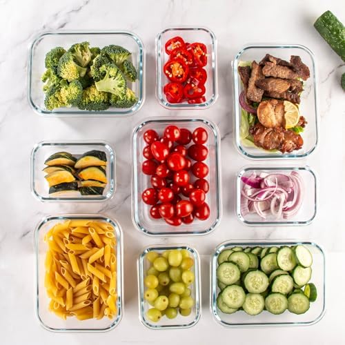 10 Pack Glass Food Storage Containers with Lids for Lunch, On-the-Go, Leftovers, Pantry Organization