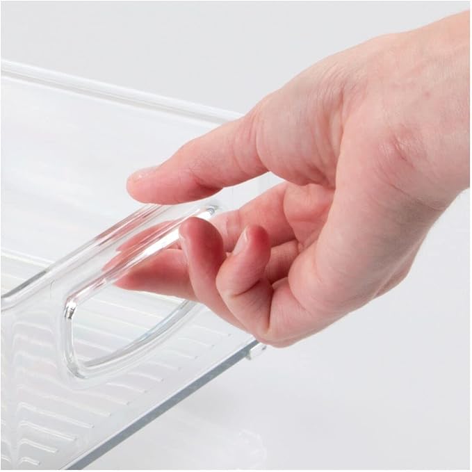 mDesign Small Plastic Office Storage Container Bins w/Handles for Organization in Filing Cabinet, Closet Shelf, Desk Drawers, Organizer for Notes, Pens, Pencils - Ligne Collection, 4 Pack - Clear