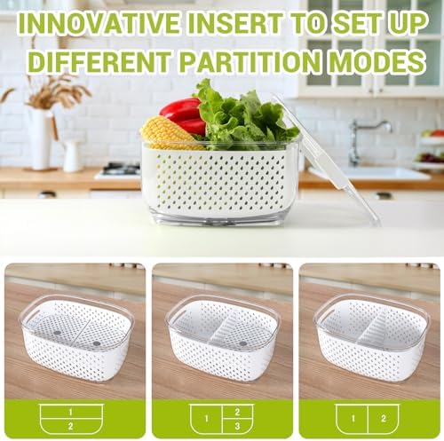 Fresh Produce Vegetable Fruit Storage Containers 3Piece Set, BPA-free, Partitioned Salad Container, Fridge Organizers, Used in Storing Fruits Vegetables, White