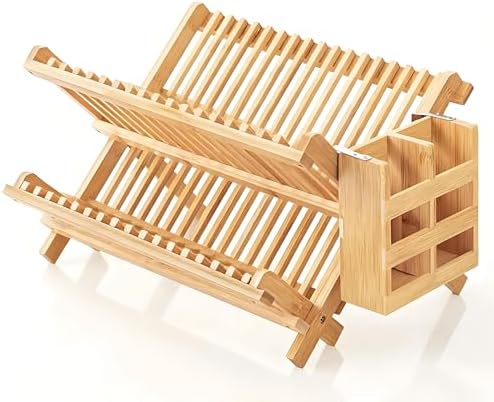 Dish Drying Rack Collapsible 2-Tier Bamboo Dish Rack for Kitchen Counter Wooden Dish Drainer with Foldable Space-Saving Design for Dishes, Plates, and Cups