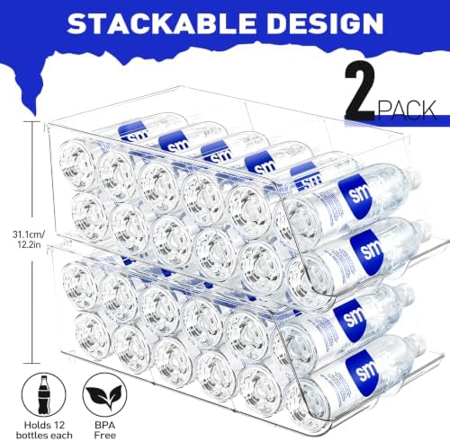 2 Pack Water Bottle Organizer for Refrigerator, Stackable with Lid