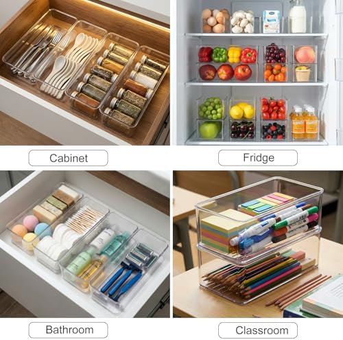 4 Clear Pantry Organizer Bins for Kitchen Drawer, Refrigerator