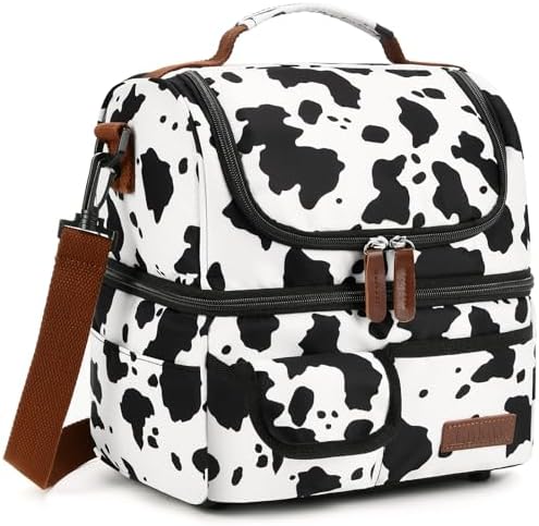 Lunch Box for Women-Double Deck Insulated Adults Lunch Bag with Removable Shoulder Strap-Cow Print Cute Wide Open Lunch Tote for Work/Office/Picnic/Beach/Travel