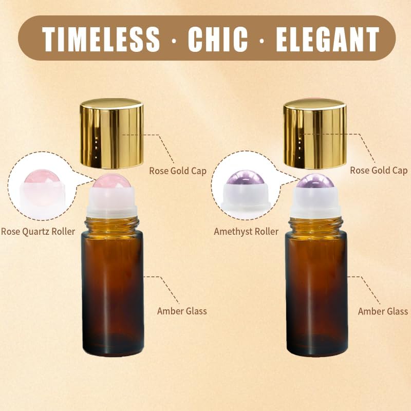 2 Pack 1.7oz Refillable Rose Quartz Amethyst Roller Bottles for Oils - Image 3