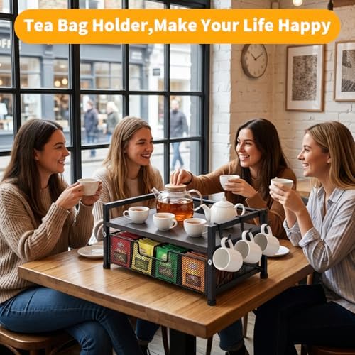 Tea Bag Organizer,Coffee Bar Organizer,Teabag Holder & Coffee Station with Storage Drawer,Wood Tea Station Chest Display Container Box for Countertop Kitchen (Grey)