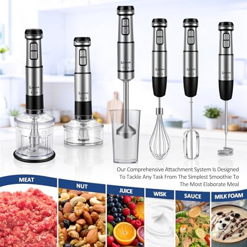 Immersion Hand Blender Set, 1200W 20-Speed Stainless Steel Stick Blender with 7 Accessories, 500ml & 200ml Chopper Cups, Milk Frother, Egg Beater, for Smoothies, Soups Kitchen Essential
