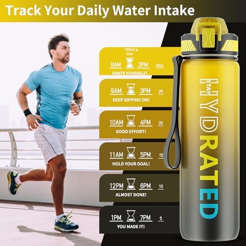 Water Bottle with Straw, 32oz Sports Water Bottles with Time Marker