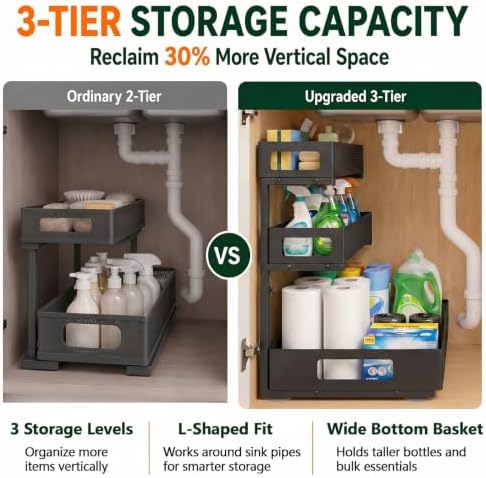3 Tier Under Sink Organizer for Bathroom, Pull Out Drawers, 2 Pack