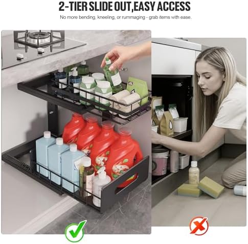 Under Sink Organizer Upgrade To Professional Rails,2-Tier Dual Pull Out Cabinet Storage,Height Adjustable Slide Out Drawers For Bathroom Kitchen,2 Pack-14.5" Dx12.8-16.9" H,Black
