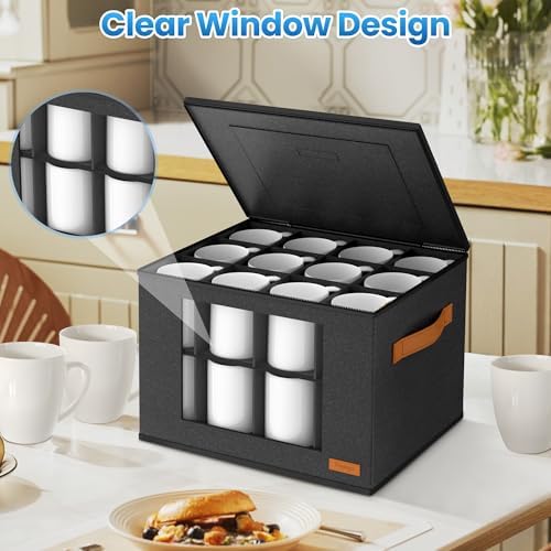 Cup and Mug Storage Box with 24 Dividers, Dark Gray, 2-Layer
