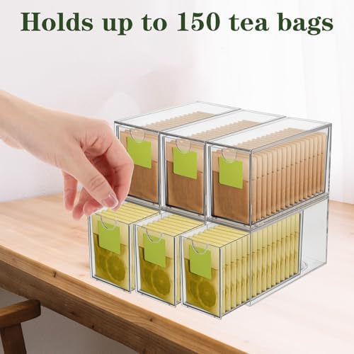 6 Pack Clear Acrylic Tea Bag Organizer Drawer, Stackable Tea Bag& Coffee Storage Container, Multi-Purpose Drawer Organizer for Drawer, Cabinet, Pantry, Kitchen, Countertop
