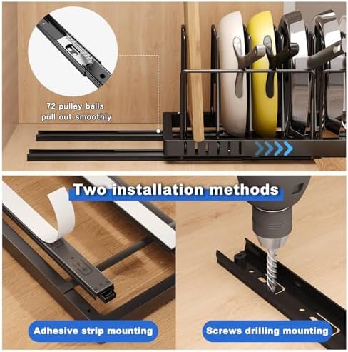 Pots and Pans Organizer Under Cabinet, 21.6" Deep Pull Out Pot Lid Organizer Holder with Guardrail Adhesive Pot and Pan Holder Rack with 10 Adjustable Dividers-1 Pack(Black)