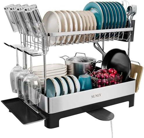2 Tier Dish Drying Rack, Extra Large Dish Rack, Multifunctional Large Dish Drainers for Kitchen Counter, 304 Stainless Steel Kitchen Drying Rack, Bowl Drying Rack, Extendable Drain Spout, Black