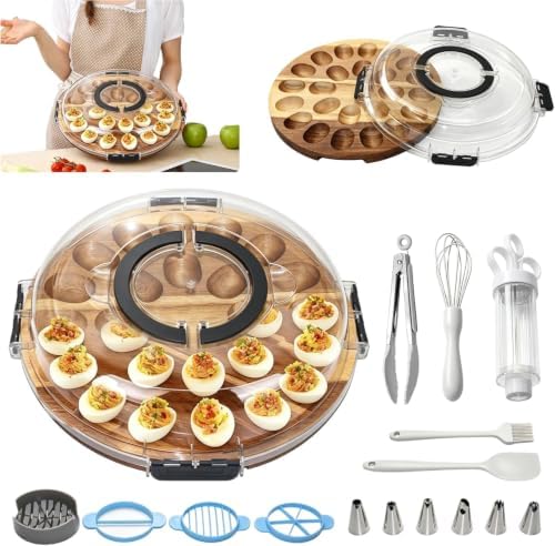 Acacia Wood Deviled Egg Platter with Lid, 24-Hole Egg Tray with Slicer, Piping Tips & Mini Tongs for Easter & Parties