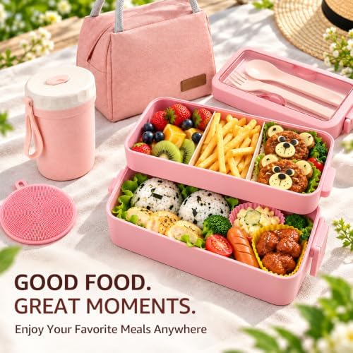 Bento Box Japanese Lunch Box Kit Leakproof Bento Lunch Box for Kids Adults Wheat Straw 3 Layer Stackable Lunch Containers with Compartment Eco-Friendly Meal Prep Containers (Pink)