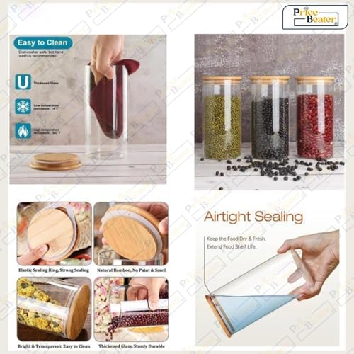 Set of 3 Glass Jars Containers – 1 L Airtight Food Storage Jars with Bamboo Lid for Cereal, Pasta, Tea, Coffee, Sugar – Dishwasher Safe