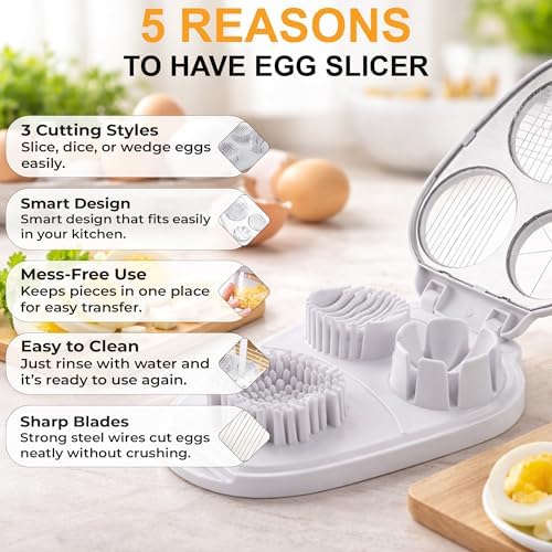 Egg Slicer for Hard Boiled Eggs – 3-in-1 Stainless Steel Egg Cutter & Hard Boiled Egg Slicer, Heavy Duty Egg Chopper with Cleaning Brush for Strawberry, Mushroom, Grape, Cherry Tomato - Image 3