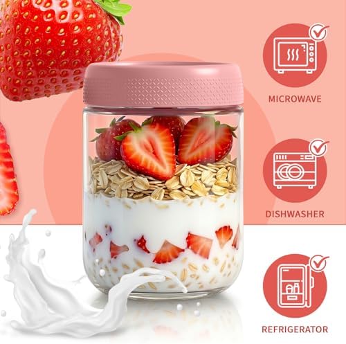 Overnight Oats Containers with Lids, 16 oz Mason Jars, Glass Jar with Lid