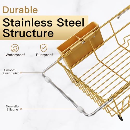 Gold Dish Drying Rack in Sink, Dish Drainer with Utensil Holder