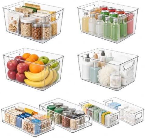 8 Pack Clear Bins for Organizing, Pantry Storage Bins, 3 Sizes: 4L+2M+2S