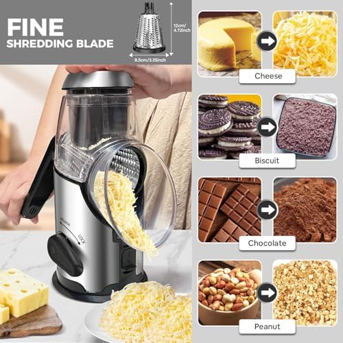 Rotary Cheese Grater with Handle - Vegetable Shredder with 3 Stainless Steel Blades & Strong Suction Base,Round Mandoline Slicer & Food Chopper for Kitchen