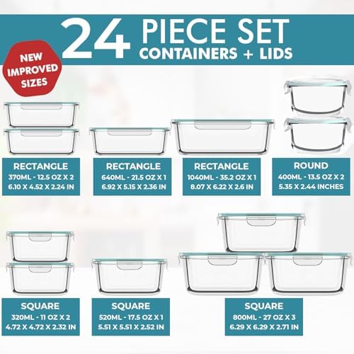 24 Pc Airtight Glass Food Storage Containers - Glass Meal Prep Containers - Freezer to Oven Safe - Steam Release Valve BPA Free - Airtight Bento Boxes - Leak Proof (12 lids & 12 Containers)