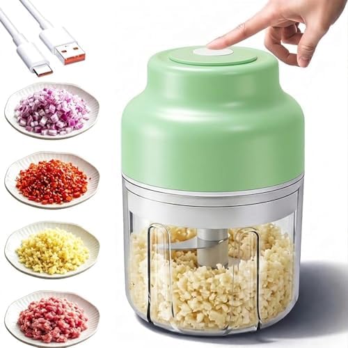 Mini Electric Garlic Chopper & Mini Portable Veggie Chopper, Household Electric Garlic Crusher, 6 Blades Electric Food Chopper for Garlic, Onion, Ginger, Chili, Spices and Fruit (Green) by Unknown